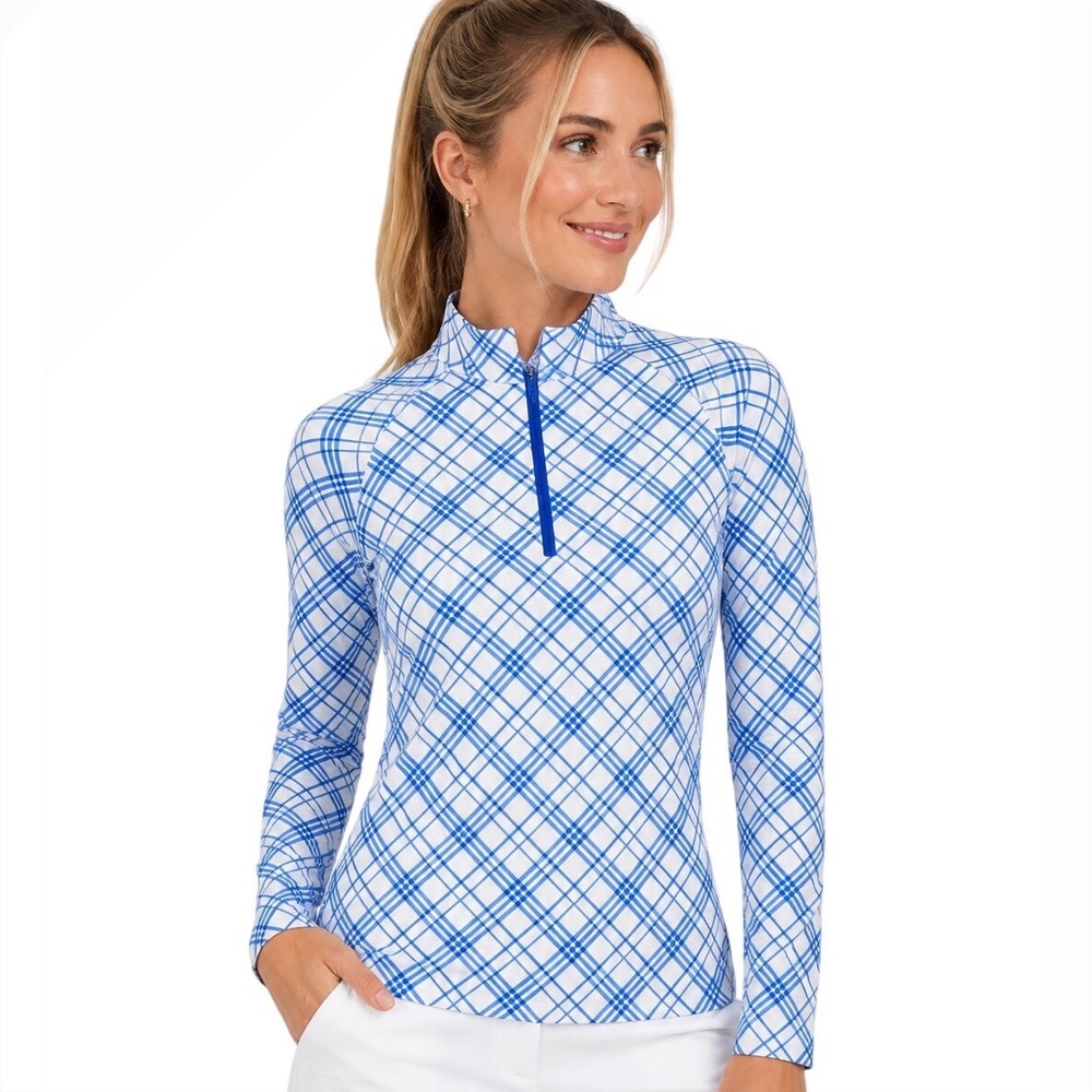 IBKUL Womens XS Blue White Plaid IceFil Quarter Zip Mock Neck Golf‎ Top NWT